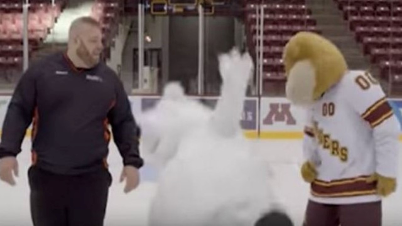 Car dealership mascot keeps slipping on ice in hilarious commercial