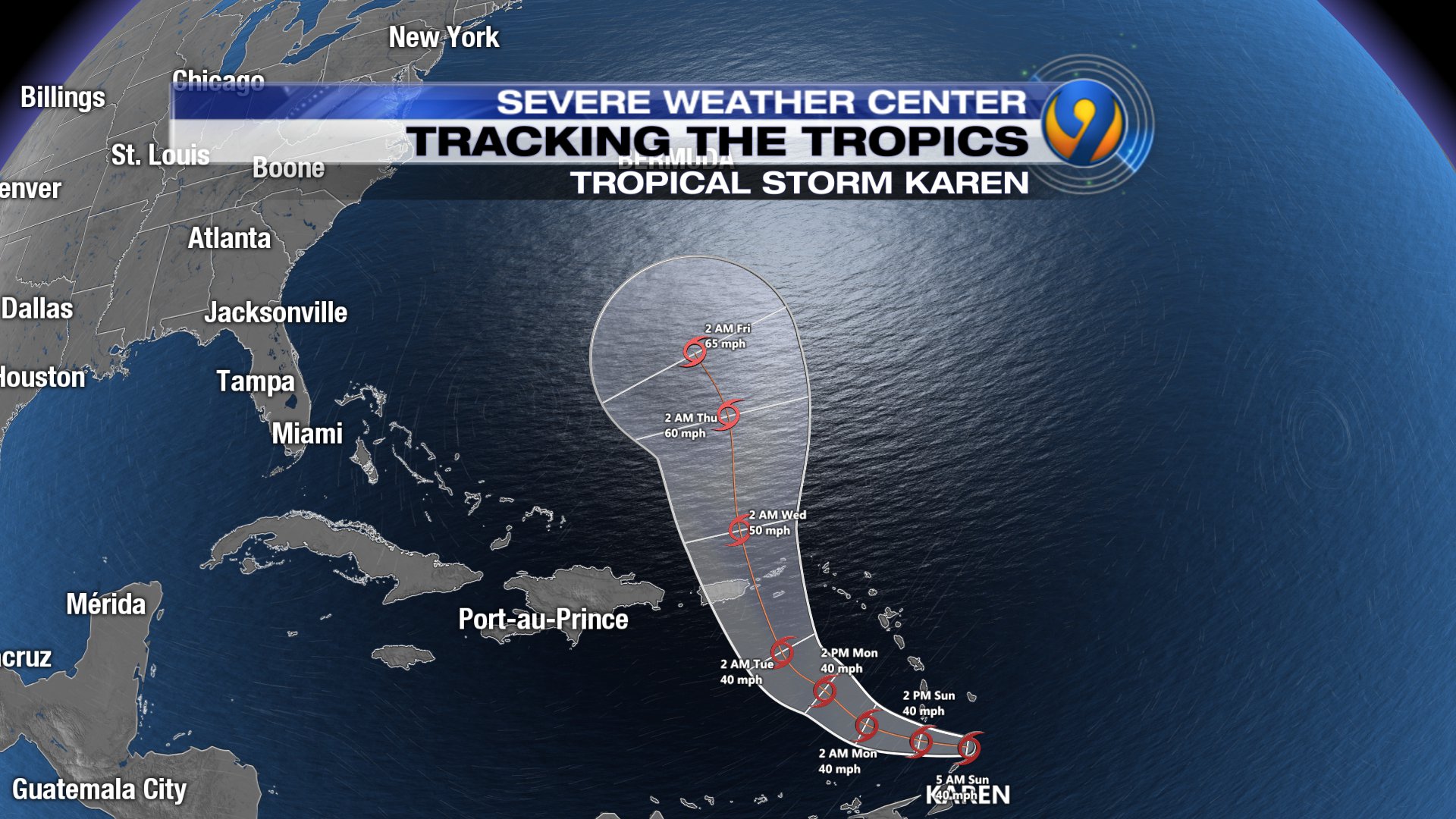 Tropical Storm Karen forms in the Atlantic; Jerry threatens Bermuda