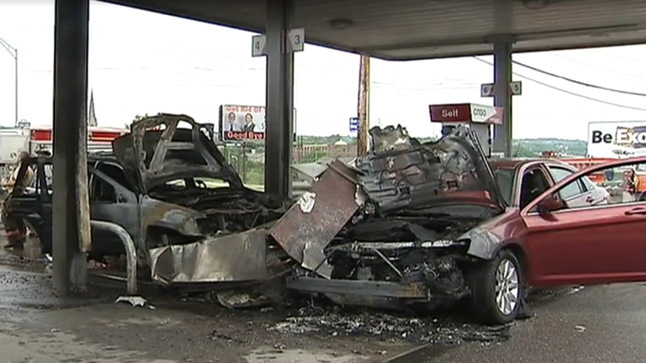 Car crashes into gas pumps, creates fiery scene WSOC TV